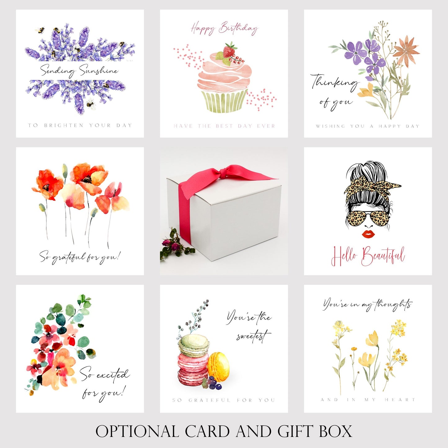 Selection of eight stylish cards that may include a personalized message