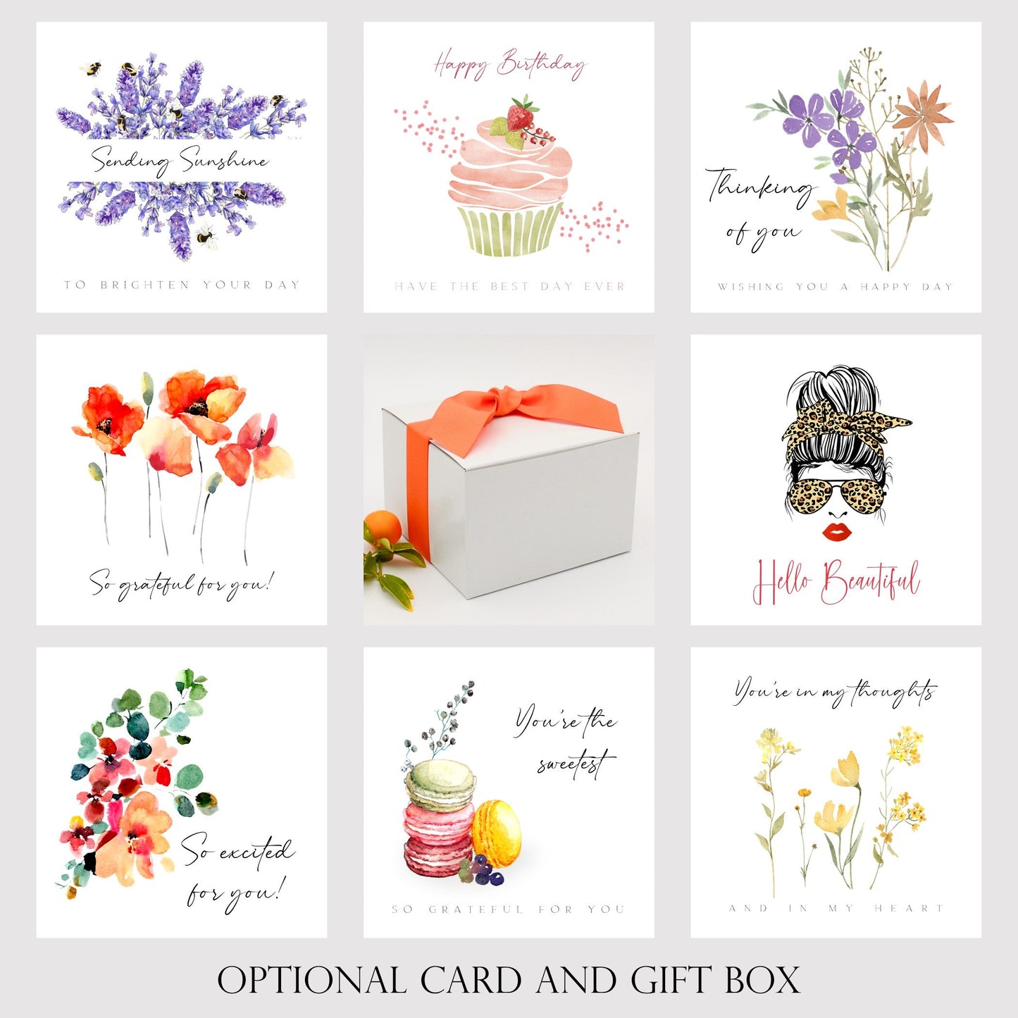 Selection of eight stylish cards that may include a personalized message
