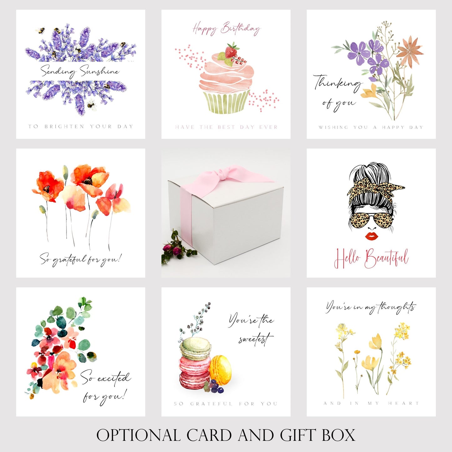 Selection of eight stylish cards that may include a personalized message