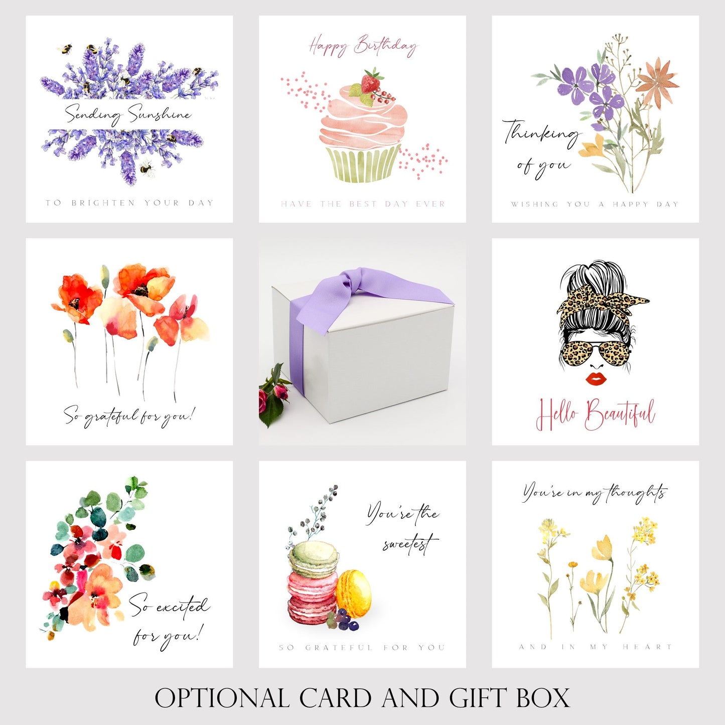 Selection of eight stylish cards that may include a personalized message