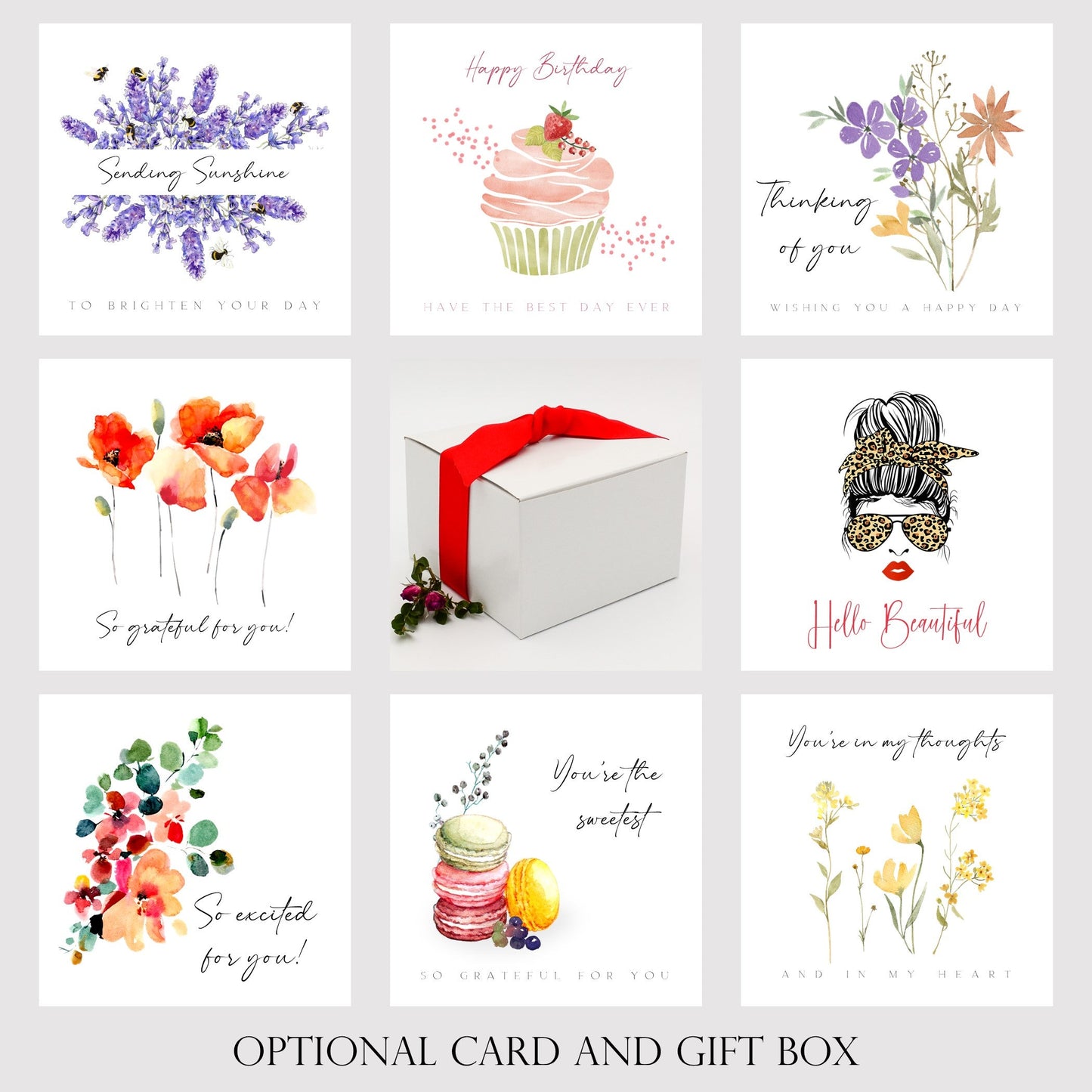 Selection of eight stylish cards that may include a personalized message