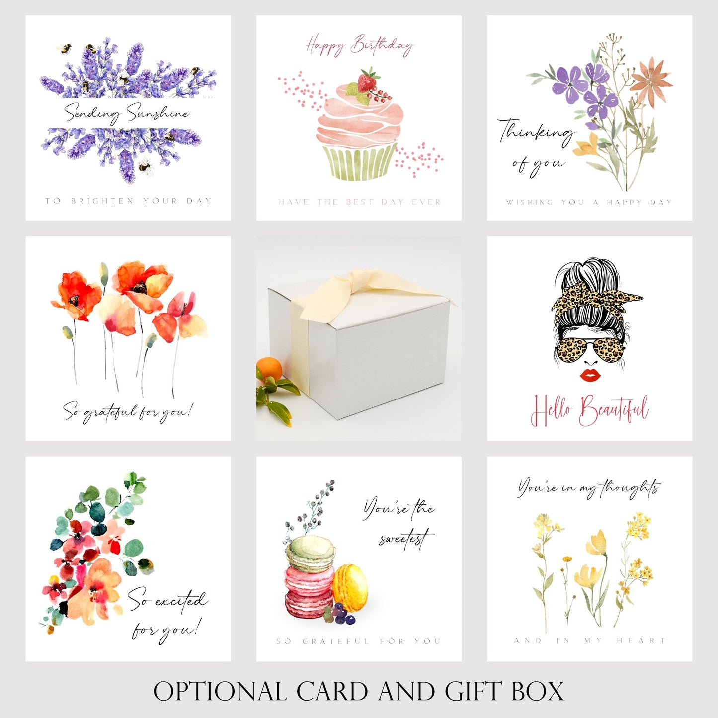 Selection of eight stylish cards that may include a personalized message