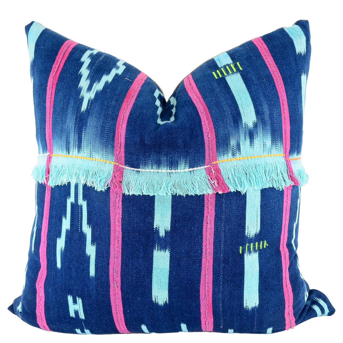 Front of pillow with rich blue patterns, red stripes and blue fringe made from vintage handwoven Baoulé/Baule cotton cloth from Africa's Ivory Coast, reflecting the traditions, symbols, and tribal lives of the Baoulé/Baule people