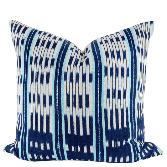 Front of pillow with rich blue and white patterns made from vintage handwoven Baoulé/Baule cotton cloth from Africa's Ivory Coast, reflecting the traditions, symbols, and tribal lives of the Baoulé/Baule people