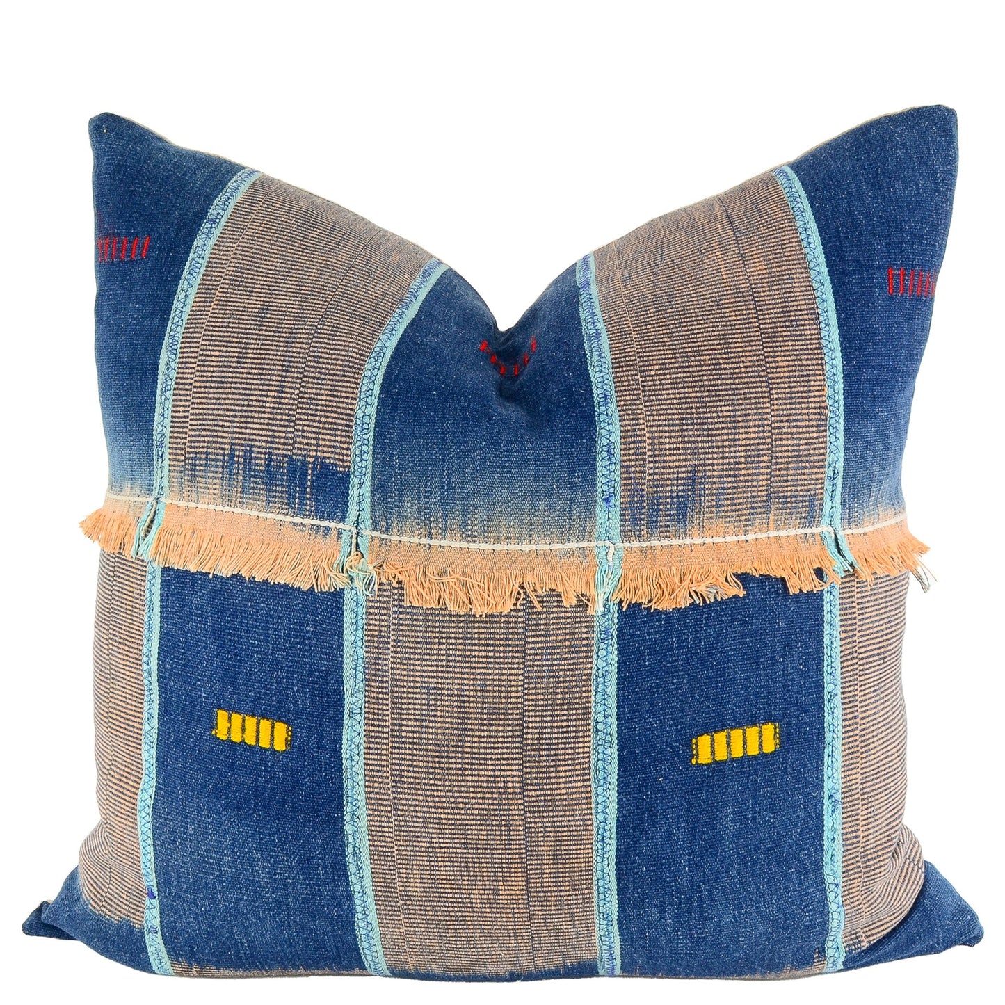 Front of pillow with rich blue and orange patterns, colorful embroidery and orange fringe made from vintage handwoven Baoulé/Baule cotton cloth from Africa's Ivory Coast, reflecting the traditions, symbols, and tribal lives of the Baoulé/Baule people