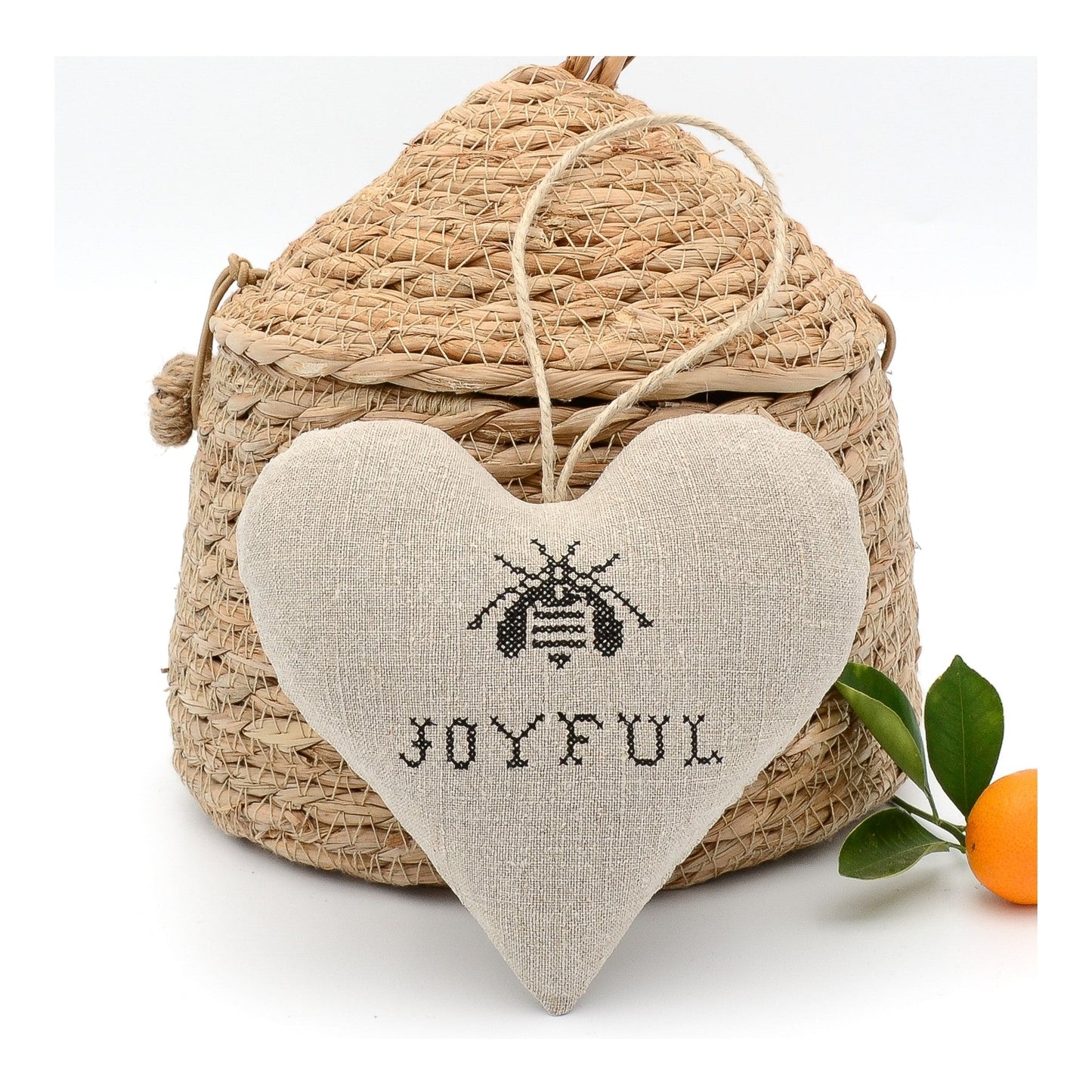 Vintage German mangle cloth natural tone linen lavender sachet heart, bee and "Joyful" embroidered in black cross stitch, hemp twine tie, filled with high quality lavender from Provence France