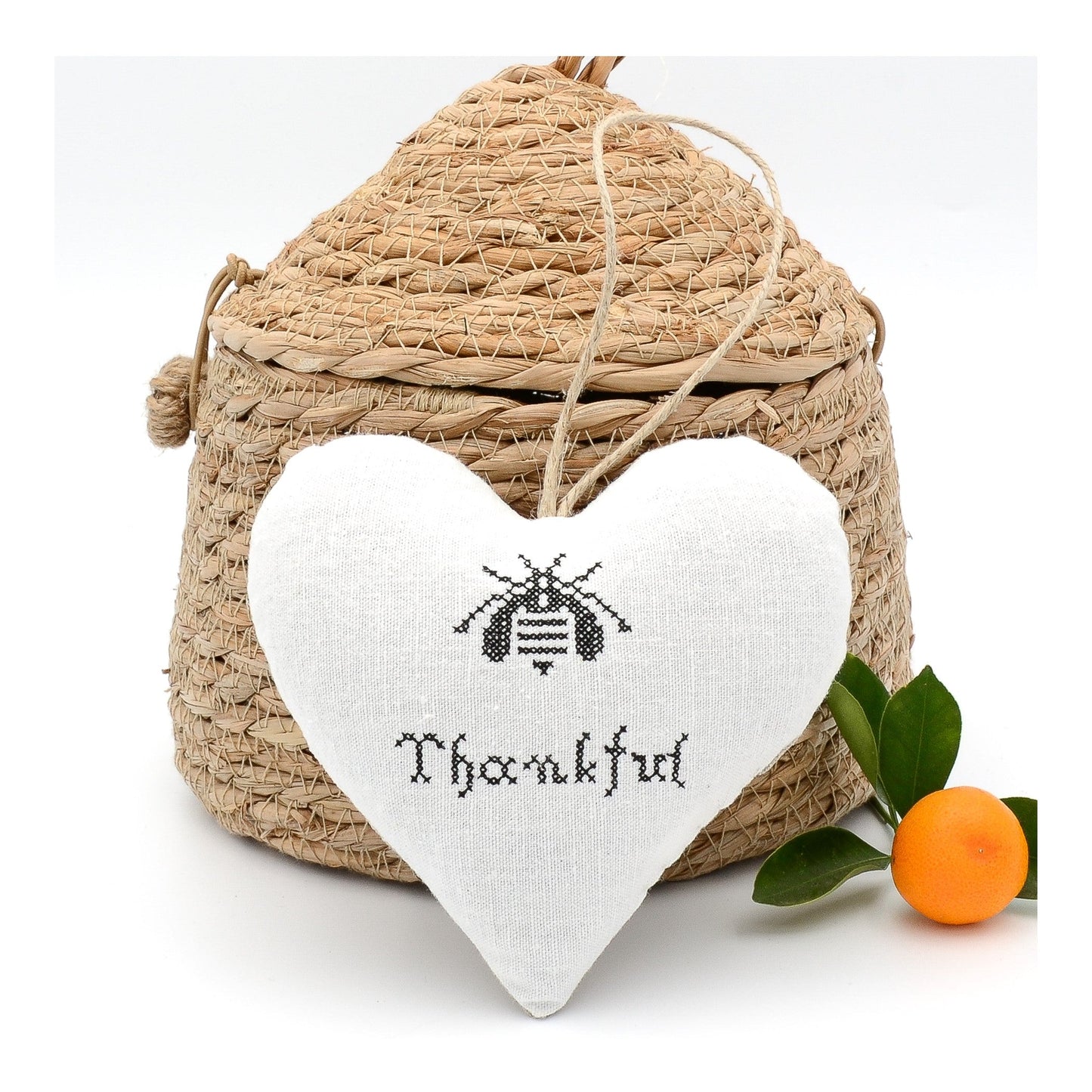 Antique European white linen lavender sachet heart, bee and "Thankful" embroidered in black cross stitch, hemp twine tie, filled with high quality lavender from Provence France