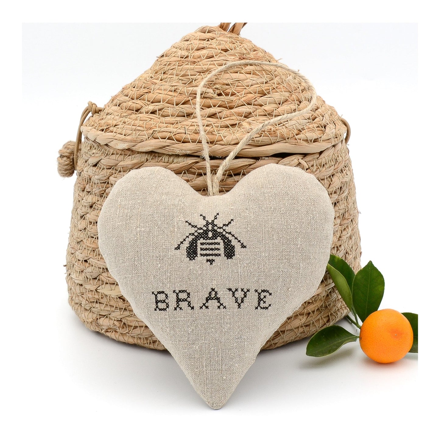 Vintage German mangle cloth natural tone linen lavender sachet heart, bee and "Thankful" embroidered in black cross stitch, hemp twine tie, filled with high quality lavender from Provence France