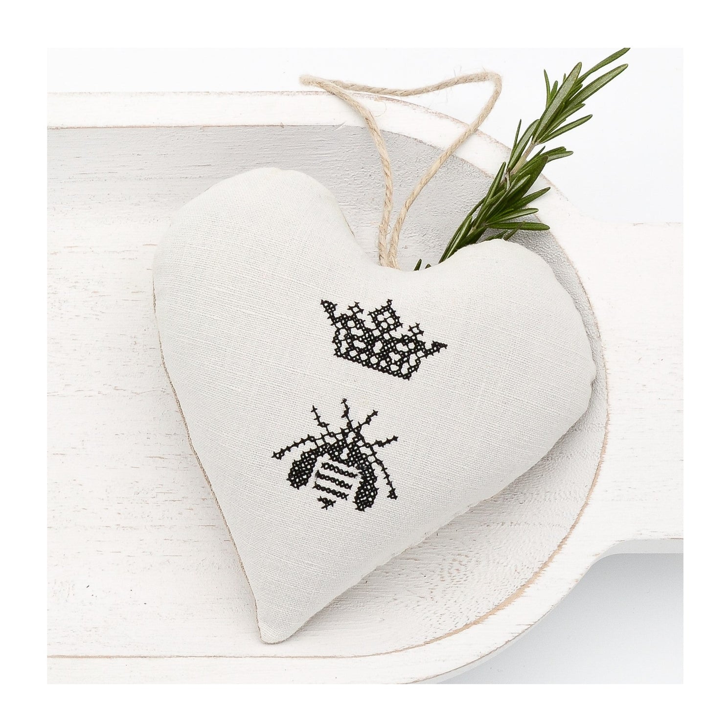 Antique European white linen lavender sachet heart, crown and bee embroidered in black cross stitch, hemp twine tie, filled with high quality lavender from Provence France
