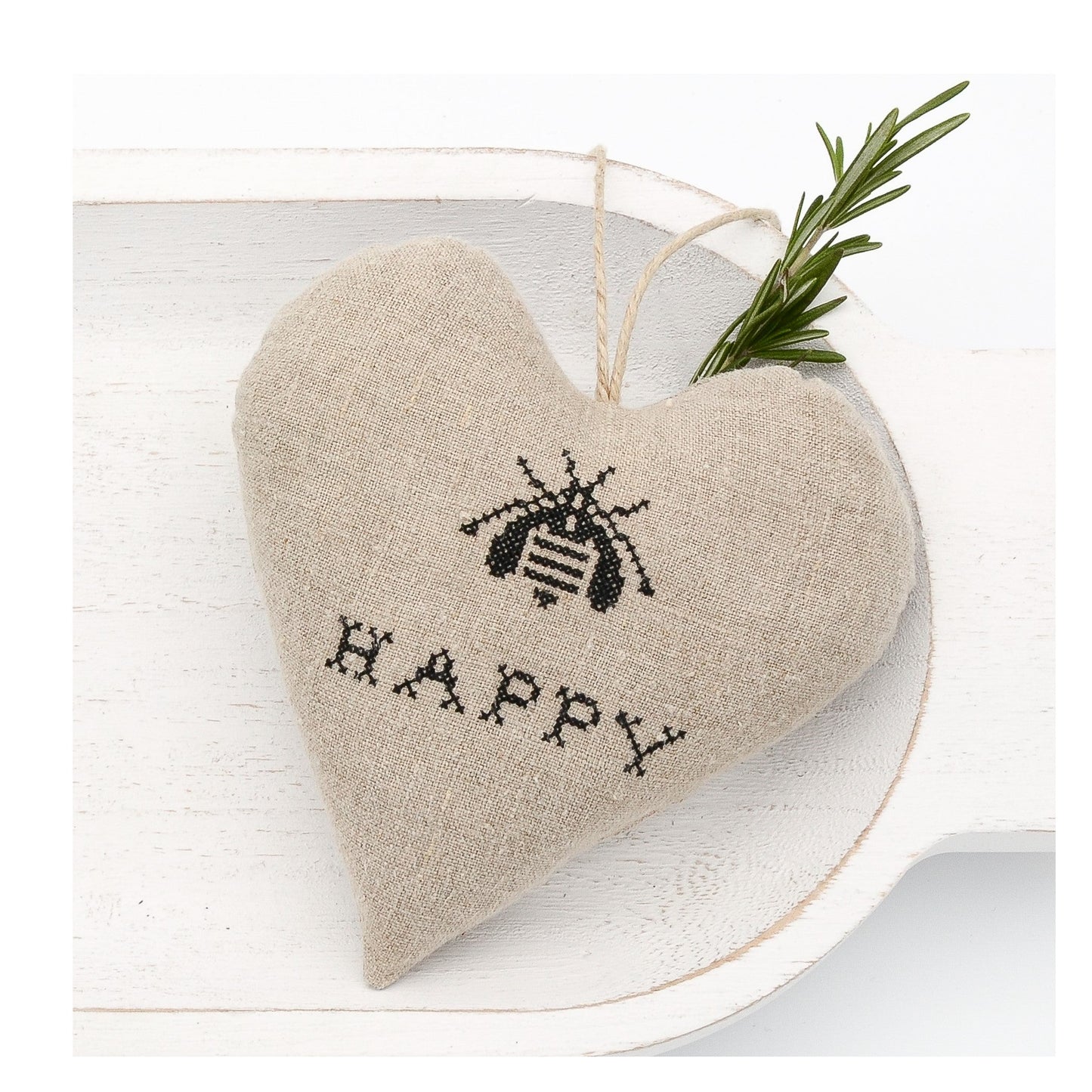 Vintage German mangle cloth natural tone linen lavender sachet heart, bee and "Happy" embroidered in black cross stitch, hemp twine tie, filled with high quality lavender from Provence France