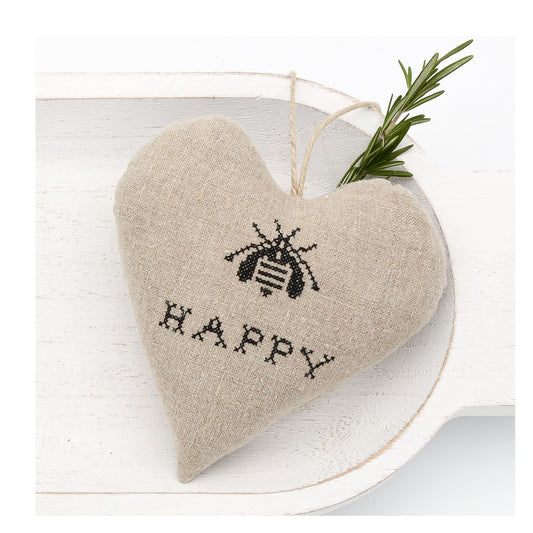 Vintage German mangle cloth natural tone linen lavender sachet heart, bee and "Happy" embroidered in black cross stitch, hemp twine tie, filled with high quality lavender from Provence France