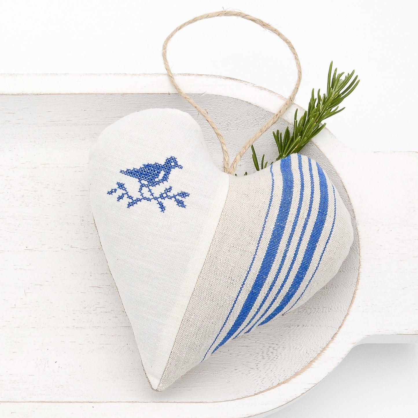 Antique European white linen and blue-striped German mangle cloth natural tone linen lavender sachet heart, bird on a branch embroidered in blue cross stitch, hemp twine tie, filled with high quality lavender from Provence France