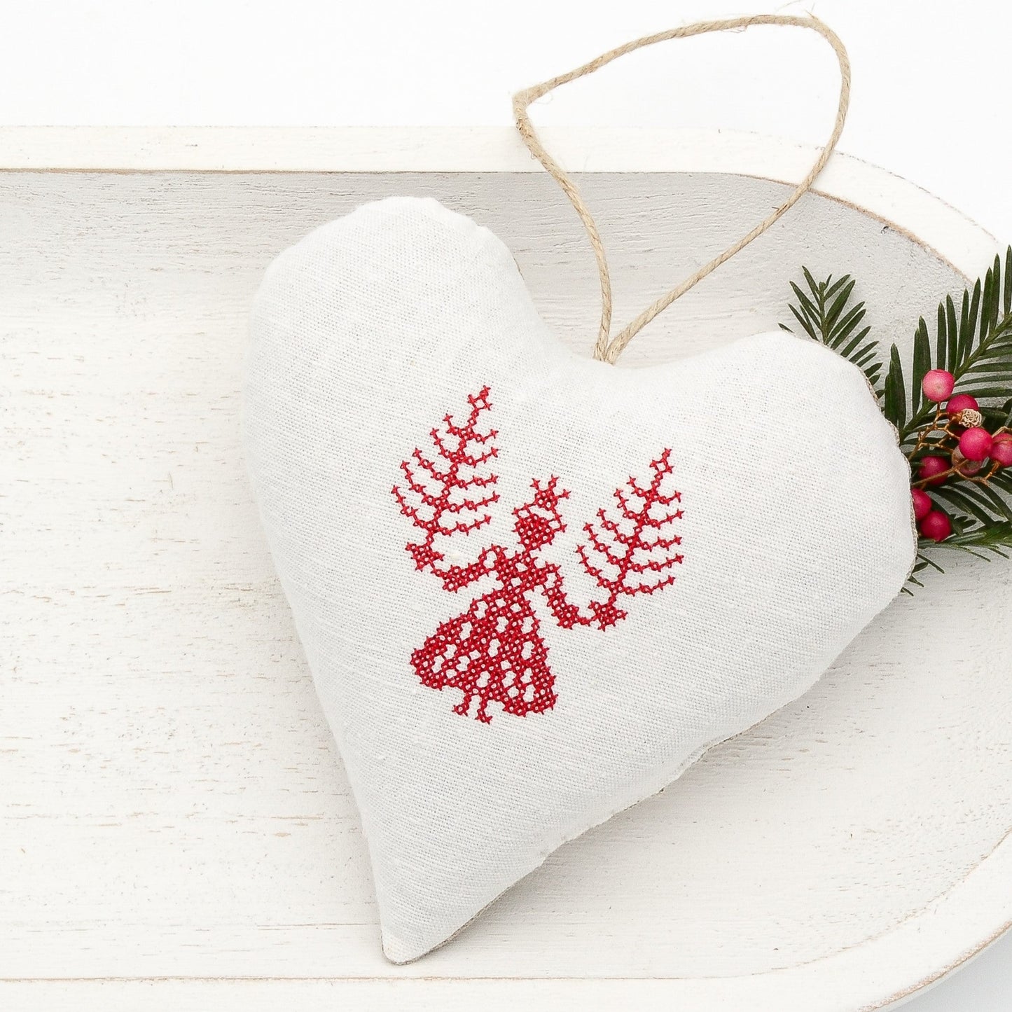 Antique European white linen lavender sachet heart, Christmas angel and trees embroidered in red cross stitch, hemp twine tie, filled with high quality lavender from Provence France