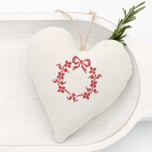Antique European white linen lavender sachet heart, Christmas wreath embroidered in red cross stitch, hemp twine tie, filled with high quality lavender from Provence France