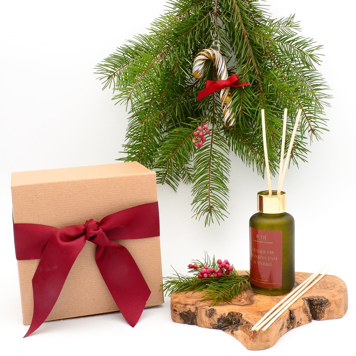 Gold, Frankincense & Myrrh Reed Diffuser Gift Set with Glass Candy Cane Ornament
