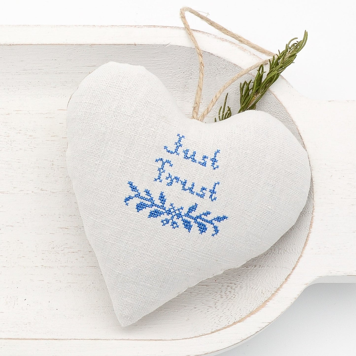Antique European white linen lavender sachet heart, "Just Trust" and garland embroidered in blue cross stitch, hemp twine tie, filled with high quality lavender from Provence France
