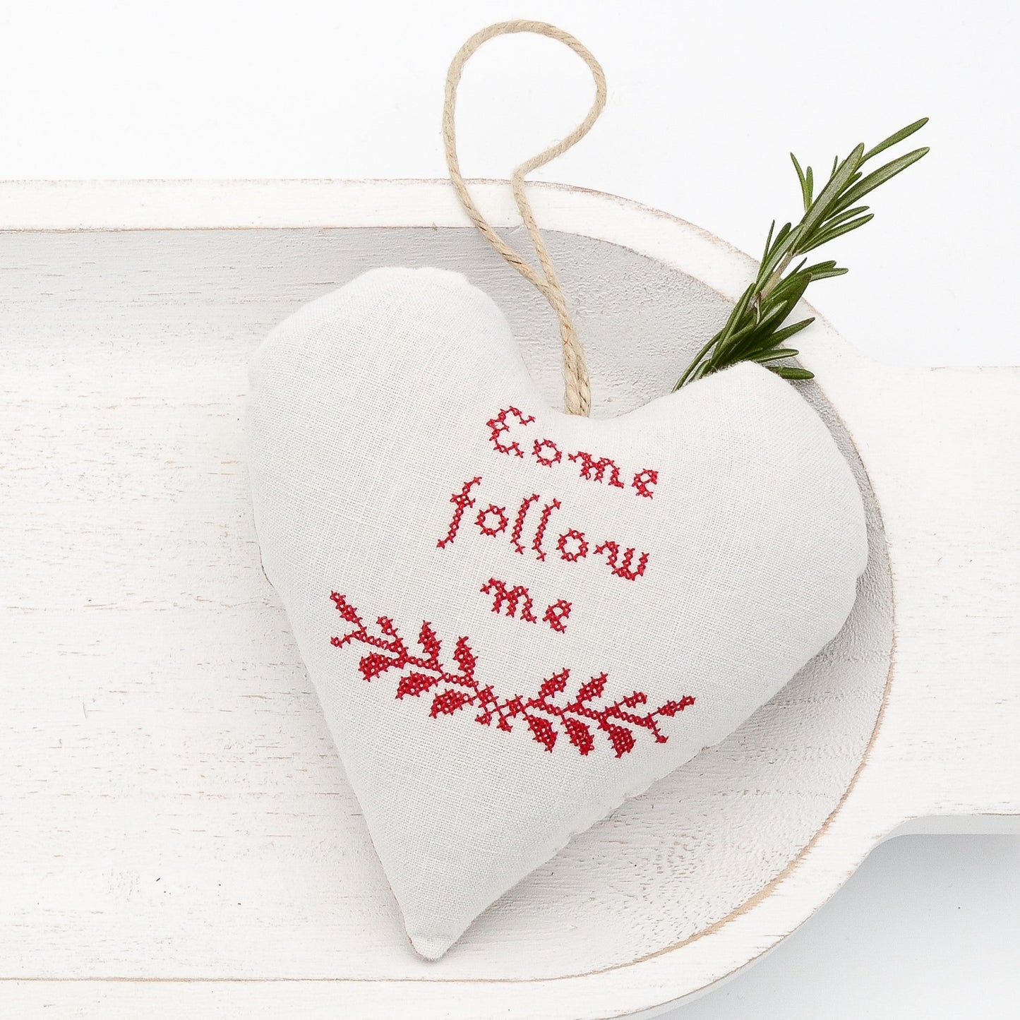 Antique European white linen lavender sachet heart, "Come follow me" and garland embroidered in red cross stitch, hemp twine tie, filled with high quality lavender from Provence France