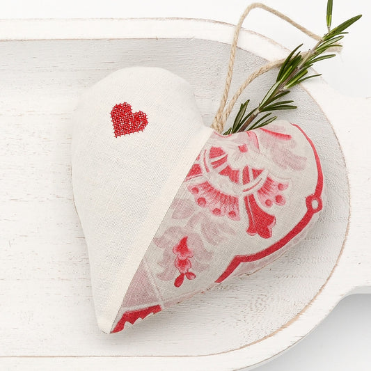 Antique European white linen and vintage French cotton sachet heart, red and gray tones, heart embroidered in red cross stitch, hemp twine tie and filled with high quality lavender from Provence France
