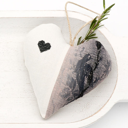 Antique European white linen and vintage French cotton sachet heart, dark pink and black tones, heart embroidered in black cross stitch, hemp twine tie and filled with high quality lavender from Provence France
