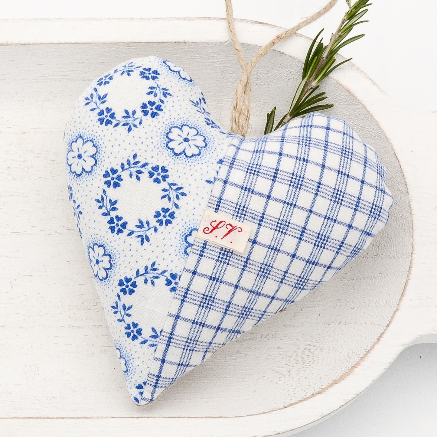 Vintage German cotton lavender sachet heart, blue and white tones, hemp twine tie and filled with high quality lavender from Provence France