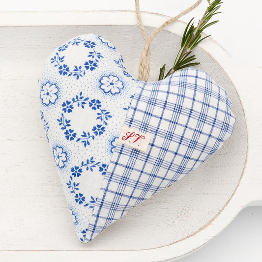 Vintage German cotton lavender sachet heart, blue and white tones, hemp twine tie and filled with high quality lavender from Provence France