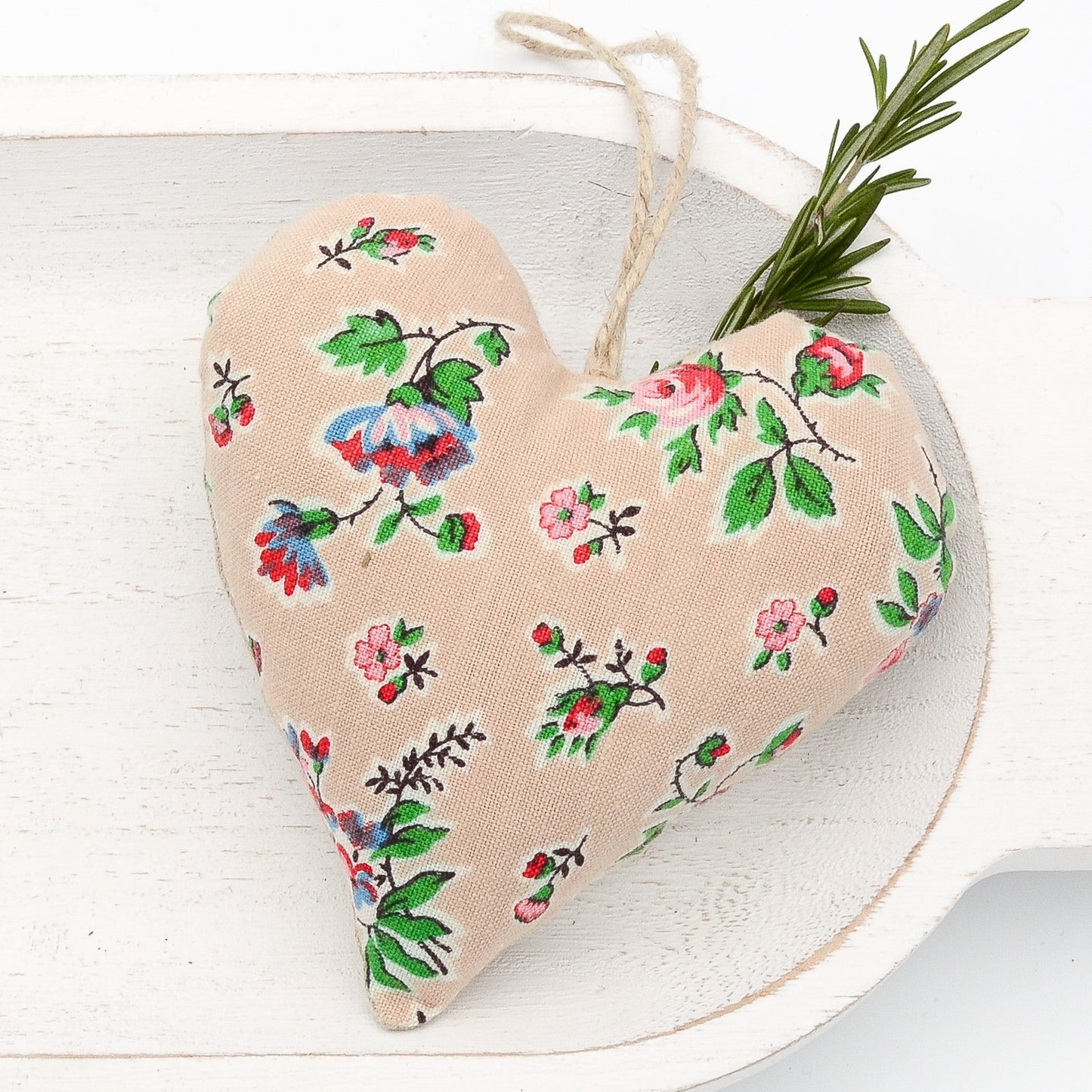 French cotton lavender sachet heart, beige and floral tones, hemp twine tie and filled with high quality lavender from Provence France