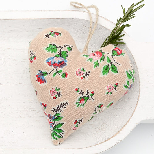 French cotton lavender sachet heart, beige and floral tones, hemp twine tie and filled with high quality lavender from Provence France