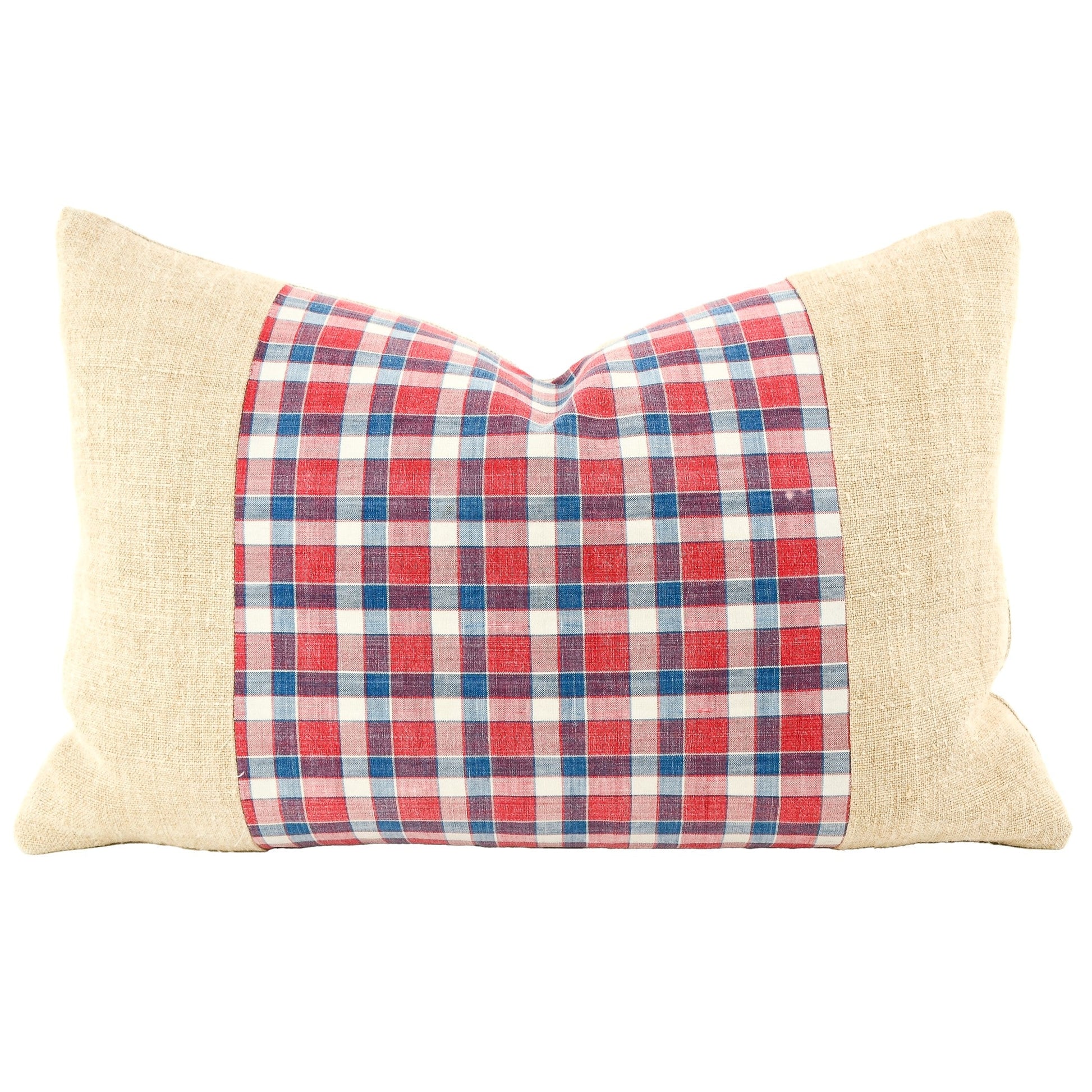 Front of pillow made from a vintage red, blue and white French Kelsch plaid fabric with antique Europeannatural tone grain sack linen on both sides of the plaid