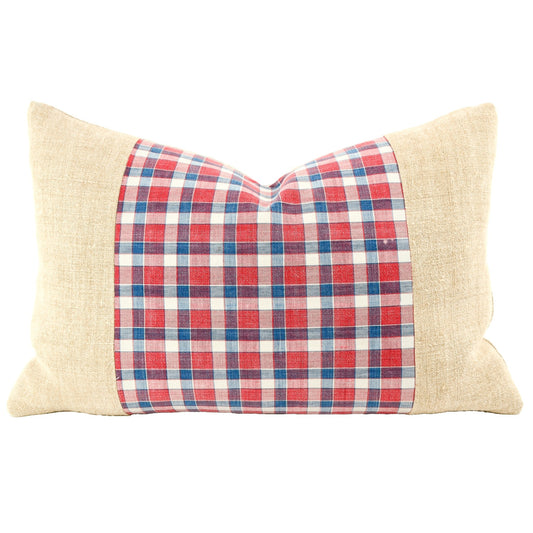 Front of pillow made from a vintage red, blue and white French Kelsch plaid fabric with antique Europeannatural tone grain sack linen on both sides of the plaid