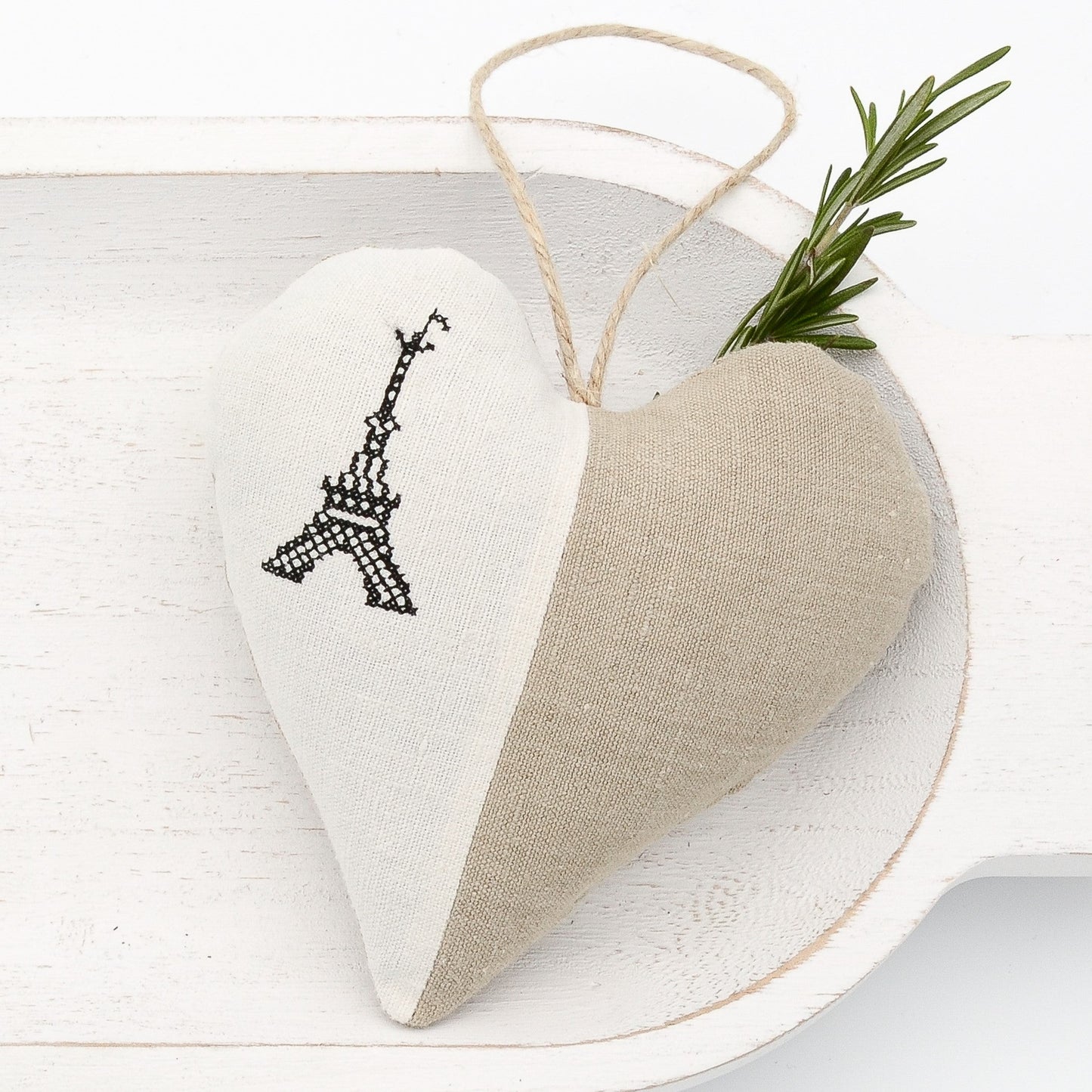 Antique European white linen and plain German mangle cloth natural tone linen lavender sachet heart, Eiffel Tower embroidered in black cross stitch, hemp twine tie, filled with high quality lavender from Provence France