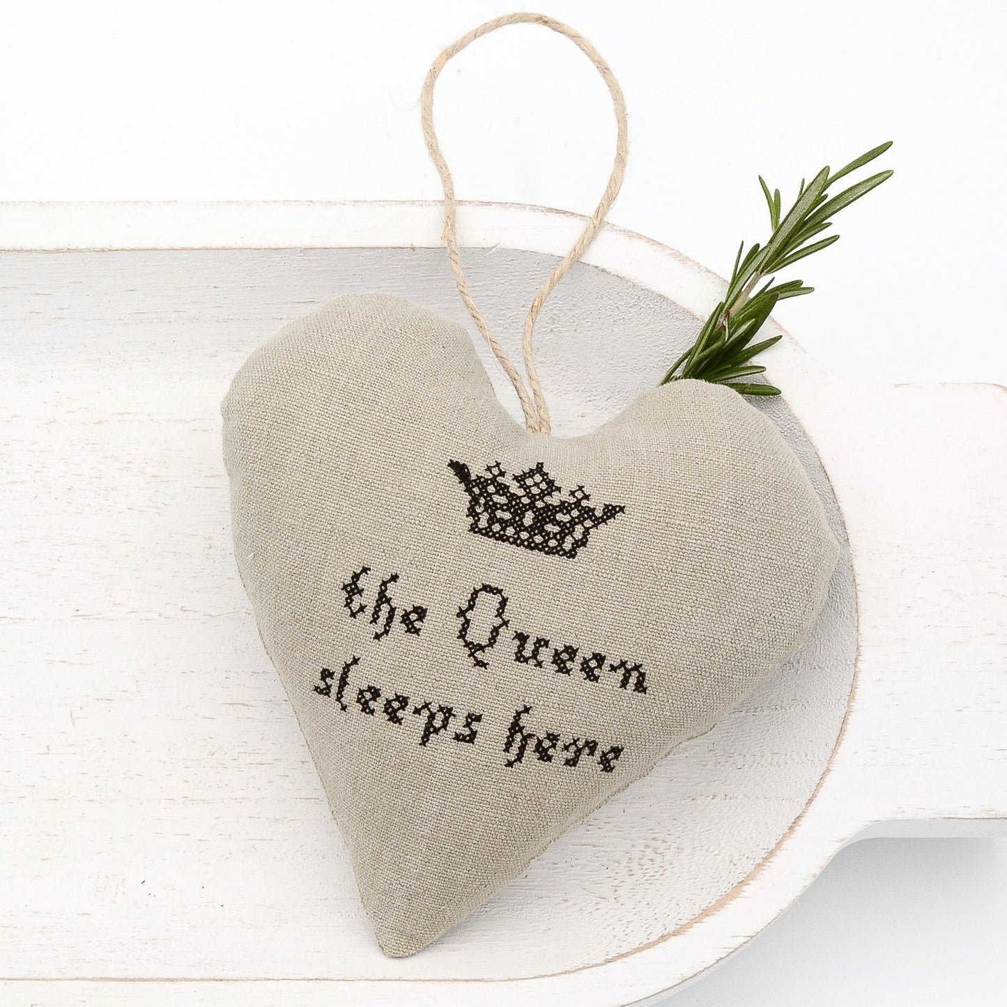 Vintage German mangle cloth natural tone linen lavender sachet heart, crown and "the Queen sleeps here" embroidered in black cross stitch, hemp twine tie, filled with high quality lavender from Provence France