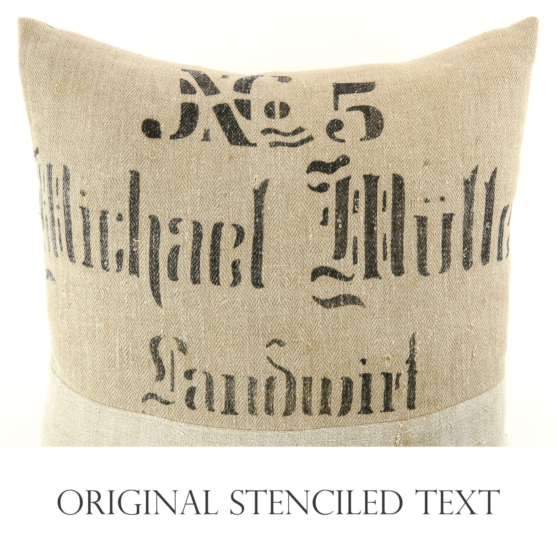 Front of pillow showing black stenciled lettering as follows: "No. 5, Michael Müller, Landwirt"