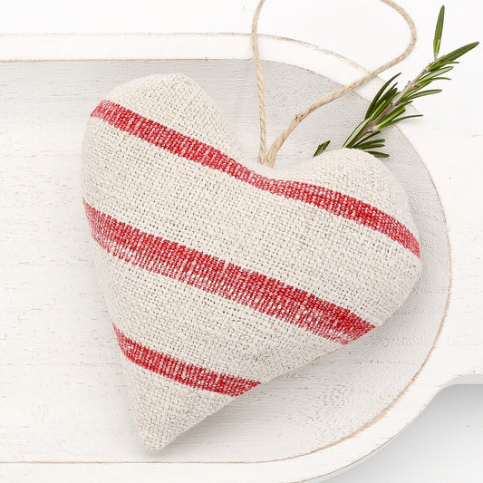 Antique European grain sack linen lavender sachet heart, horizontal red stripes on neutral tone linen, hemp twine tie, filled with high quality lavender from Provence France