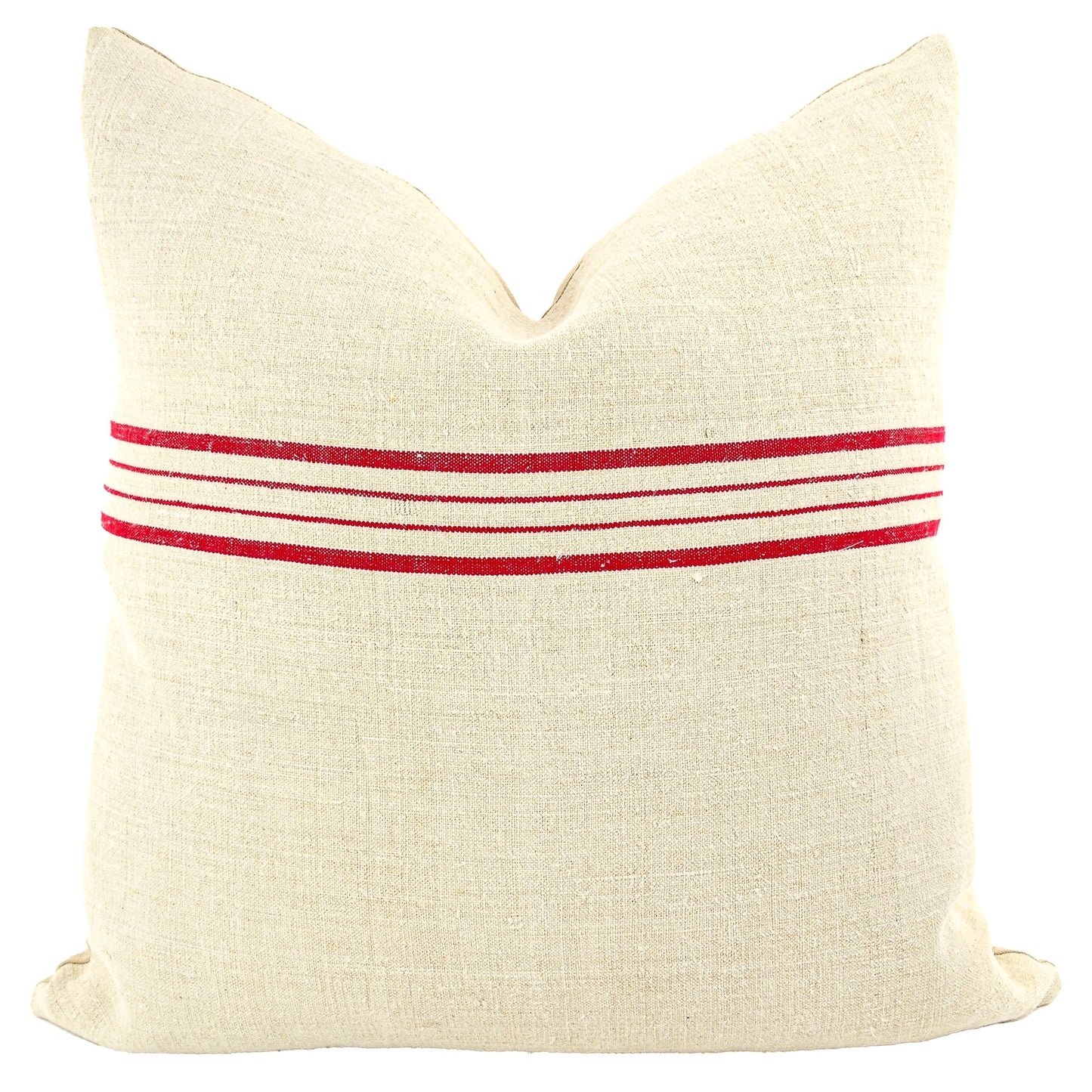 Front of pillow made from antique European grain sack natural tone linen with red horizontal stripes in the upper middle of the pillow