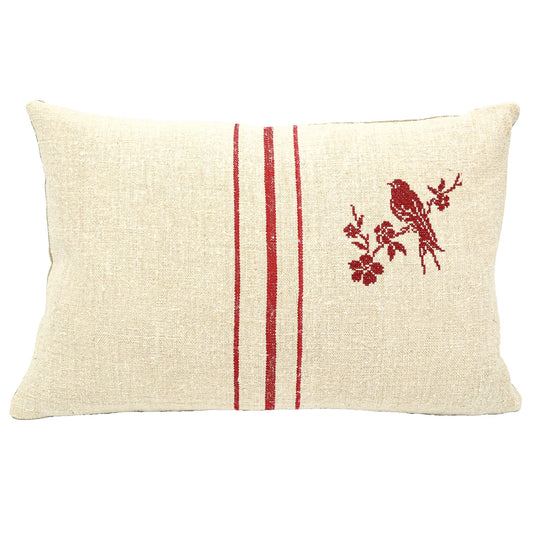 Front of pillow made from antique European grain sack natural tone linen with French red stripes that are perfectly complemented by a red cross-stitched bird, embroidered using an old French pattern