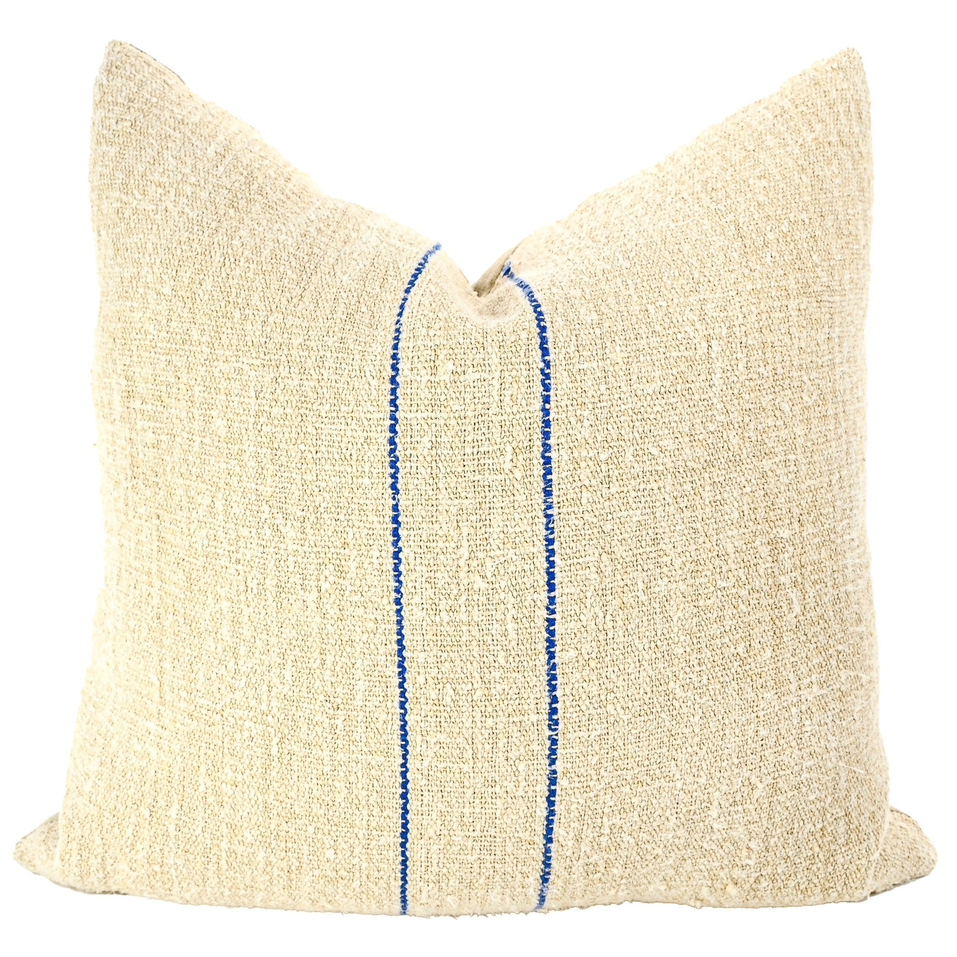 Front of pillow made from antique European grain sack natural tone linen with two rich blue vertical stripes in the middle of the pillow