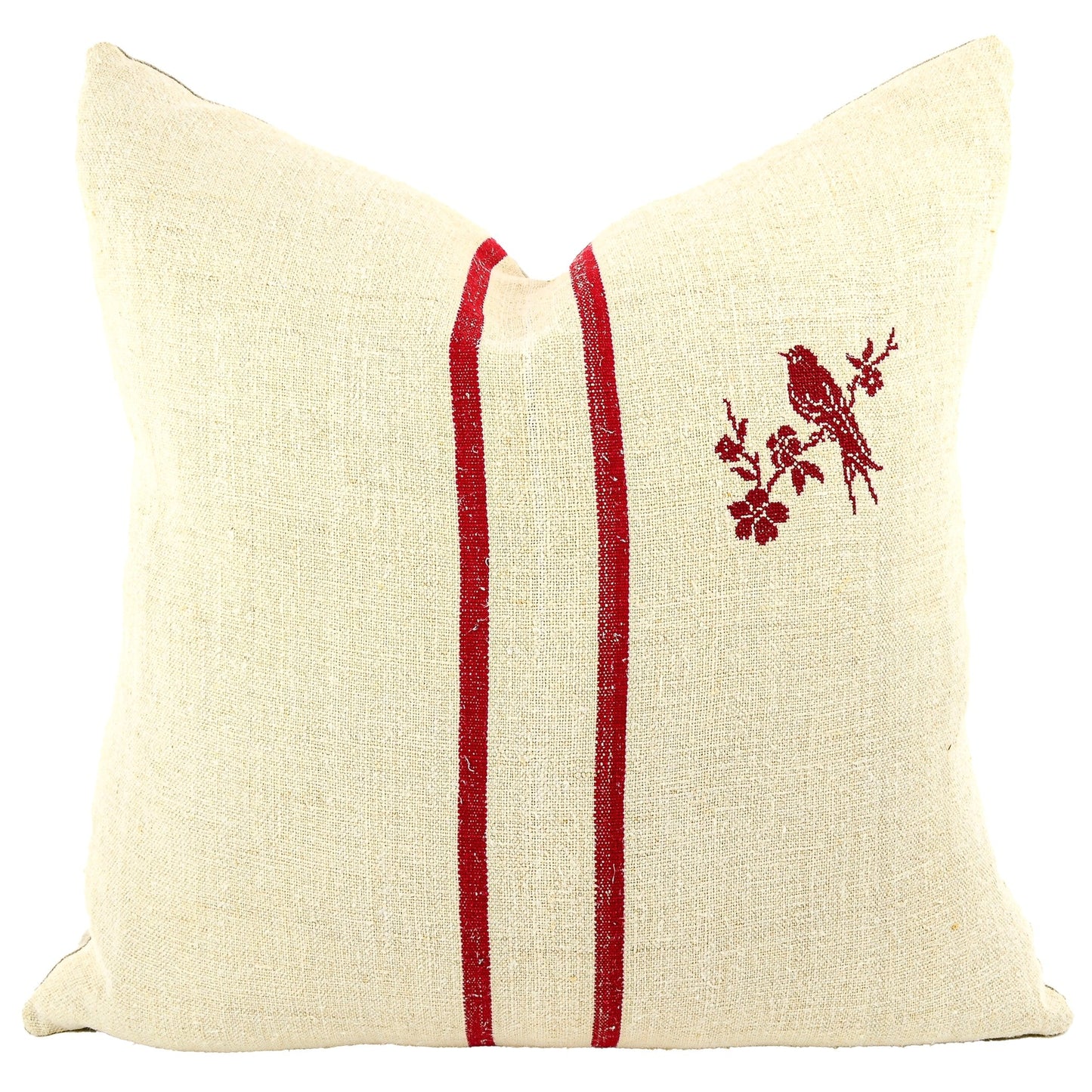 Front of pillow made from antique European grain sack natural tone linen with deep French red stripes that are perfectly complemented by a red cross-stitched bird, embroidered using an old French pattern