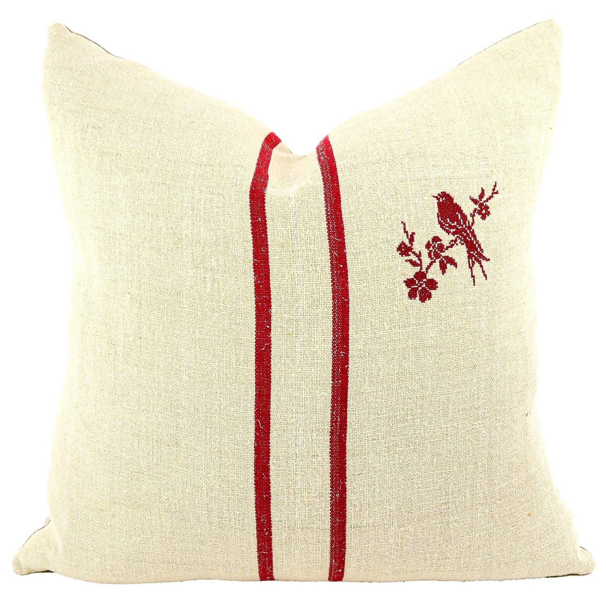 Front of pillow made from antique European grain sack natural tone linen with deep French red stripes that are perfectly complemented by a red cross-stitched bird, embroidered using an old French pattern