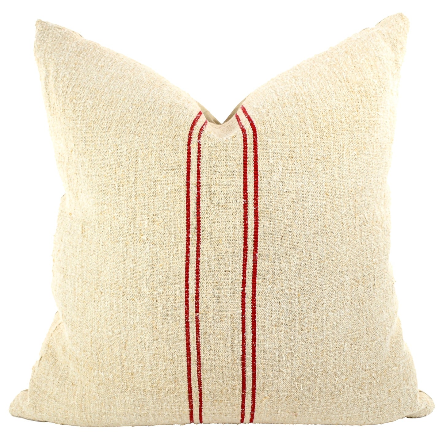 Front of pillow made from antique European grain sack natural tone linen with red vertical stripes in the middle of the pillow