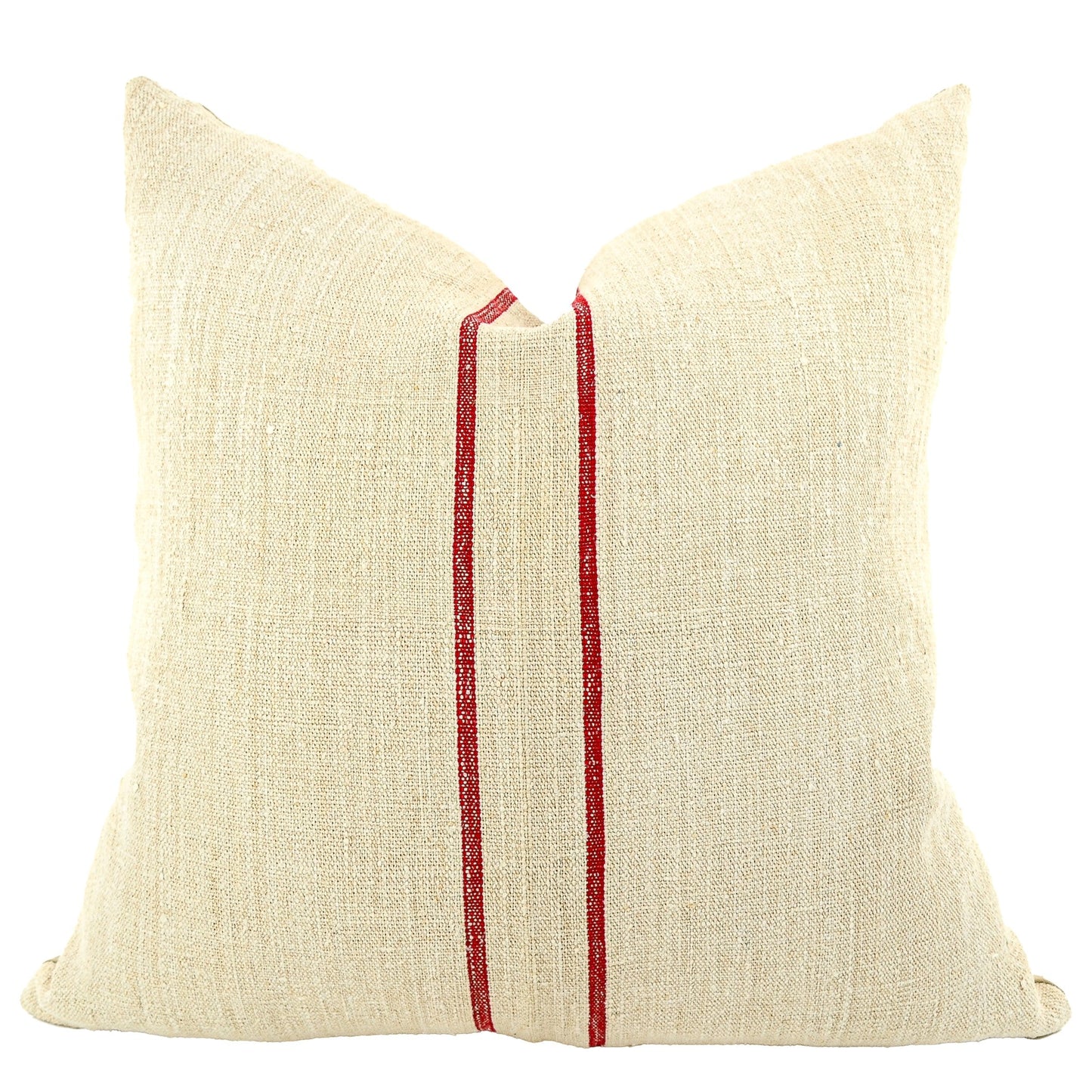 Front of pillow made from antique European grain sack natural tone linen with red vertical stripes in the middle of the pillow
