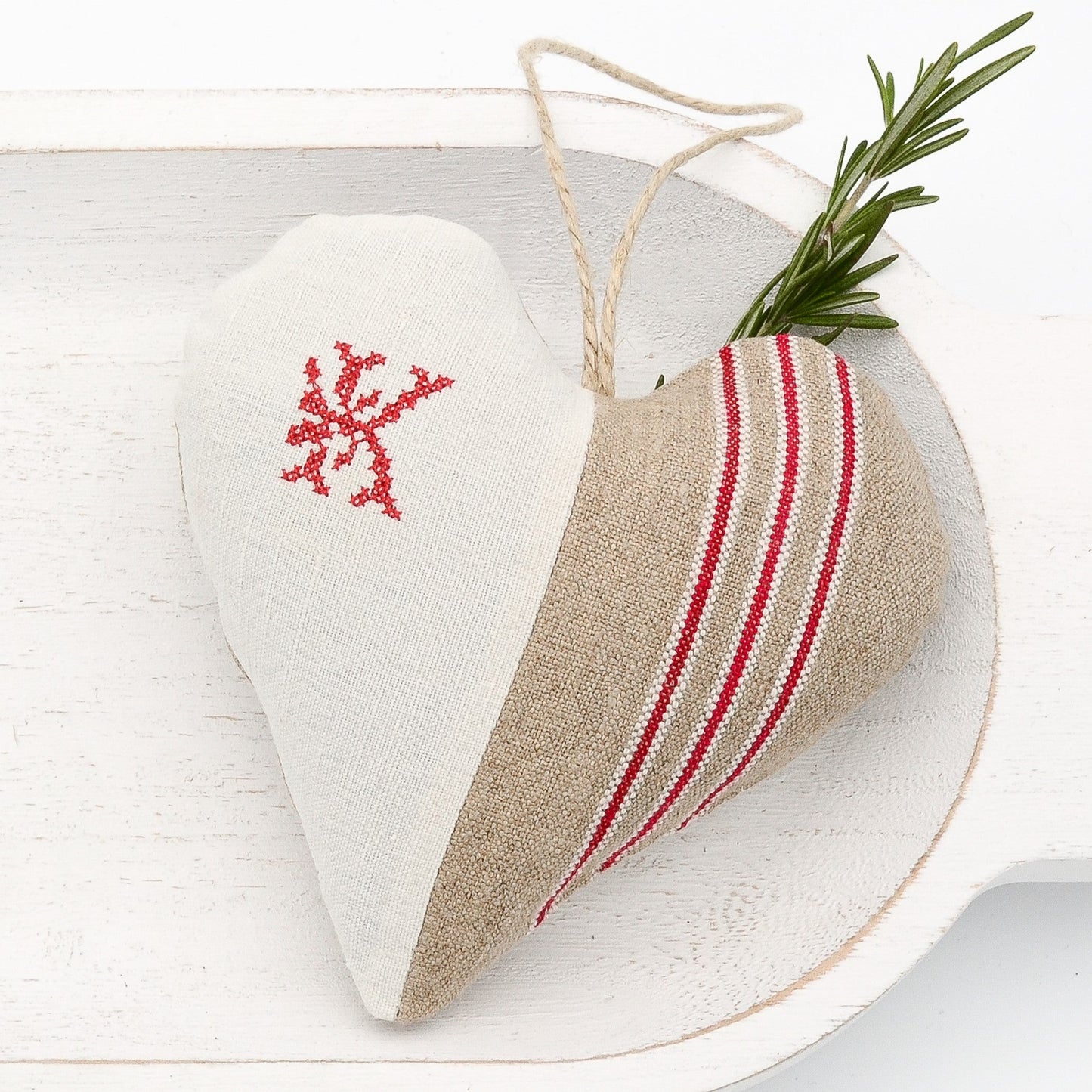 Antique European white linen and red-striped German mangle cloth natural tone linen lavender sachet heart, letter "K" monogram (all letters available) embroidered in red cross stitch, hemp twine tie, filled with high quality lavender from Provence France