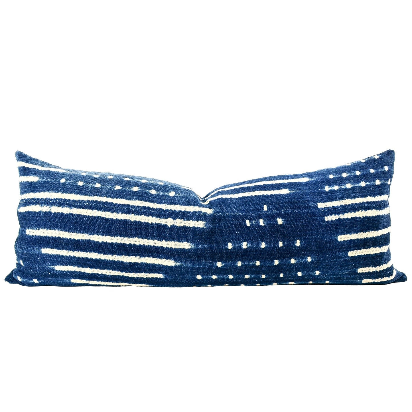 Front of pillow with rich blue and white patterns made from vintage handwoven indigo cotton cloth from Mali West Africa
