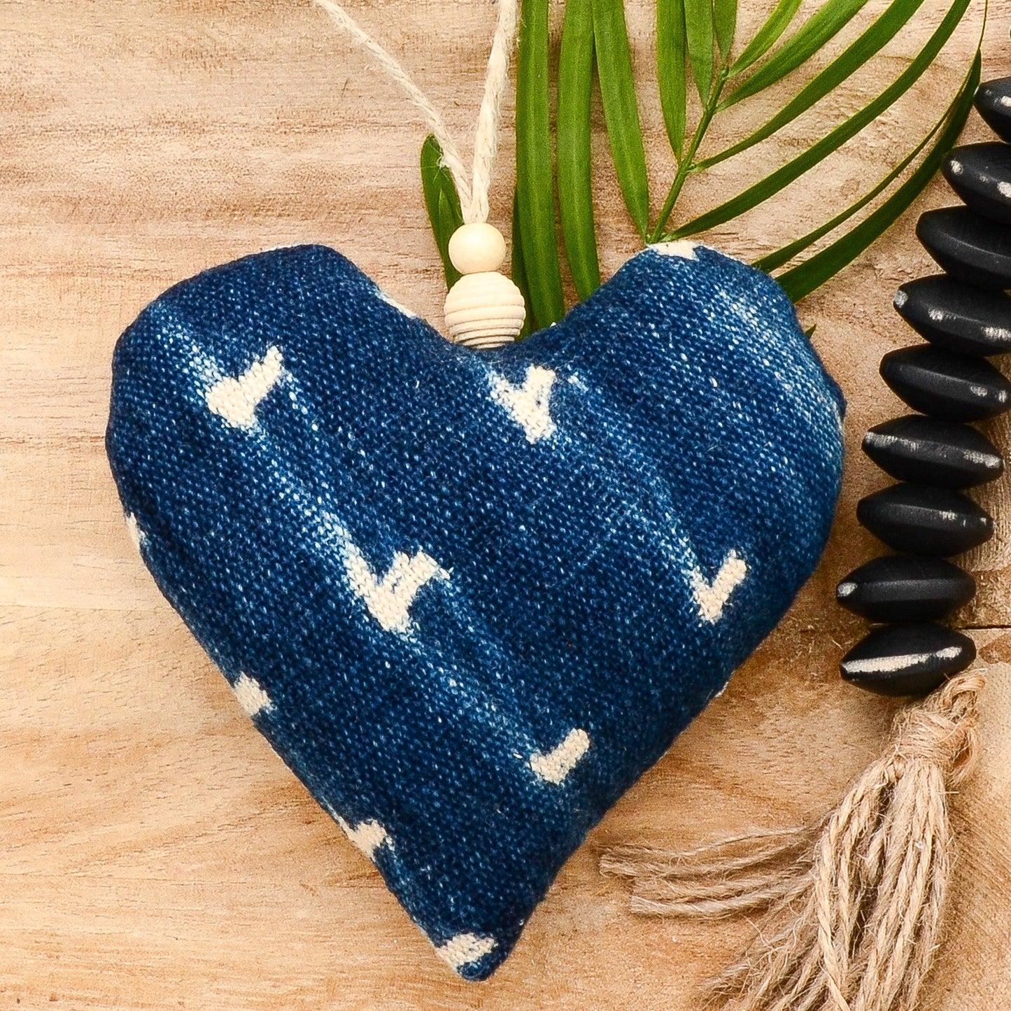 Lavender sachet heart made from vintage handwoven indigo cotton cloth from Africa, deep rich blue color with white markings , hemp twine tie with wooden beads, filled with high quality lavender from Provence France