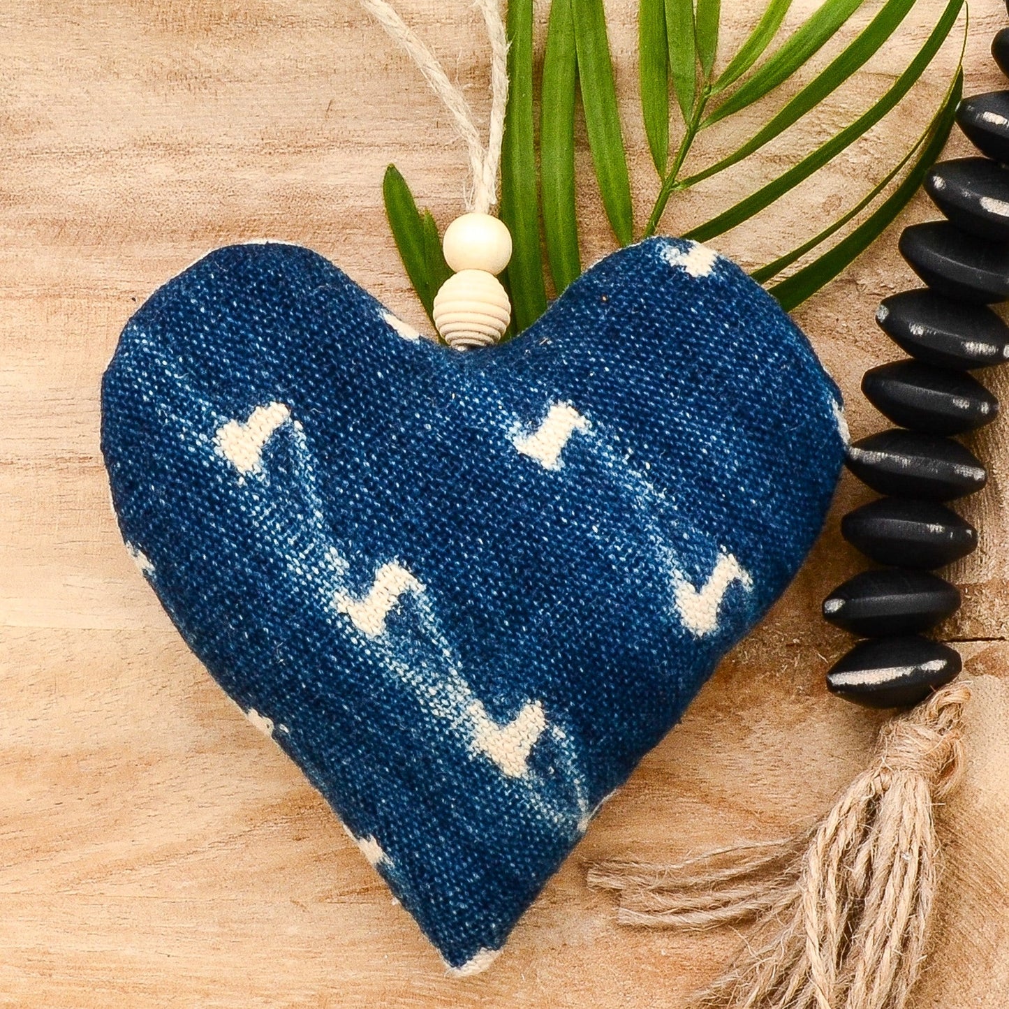Lavender sachet heart made from vintage handwoven indigo cotton cloth from Africa, deep rich blue color with white markings , hemp twine tie with wooden beads, filled with high quality lavender from Provence France