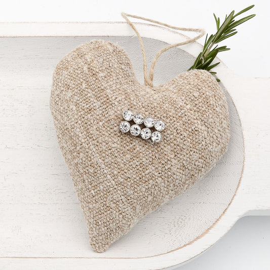 Antique European grain sack linen lavender sachet heart, neutral tone linen embellished with rhinestone charm, hemp twine tie, filled with high quality lavender from Provence France