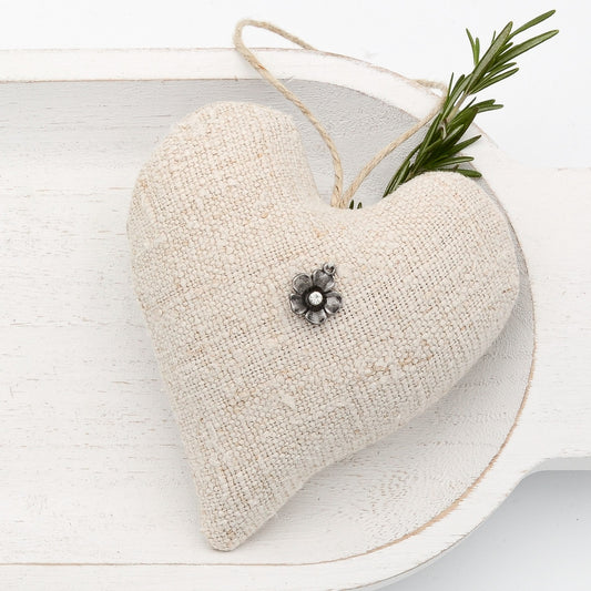 Antique European grain sack linen lavender sachet heart, neutral tone linen embellished with rhinestone charm, hemp twine tie, filled with high quality lavender from Provence France