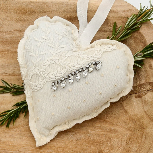 Lavender sachet heart made from antique/vintage lace, antique European white linen, embellished with vintage jewelry piece, white ribbon tie, filled with high quality lavender from Provence France