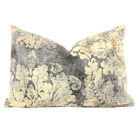 Front of pillow made from a medium-weight, linen-blend designer upholstery fabric with a stunning color combination of soft lemony light yellow flowing into smoky grays