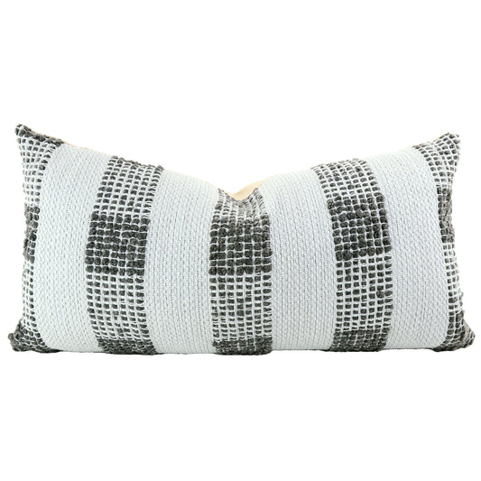 Front of pillow made from a contemporary/modern heavy weave fabric with rich black and gray patterns