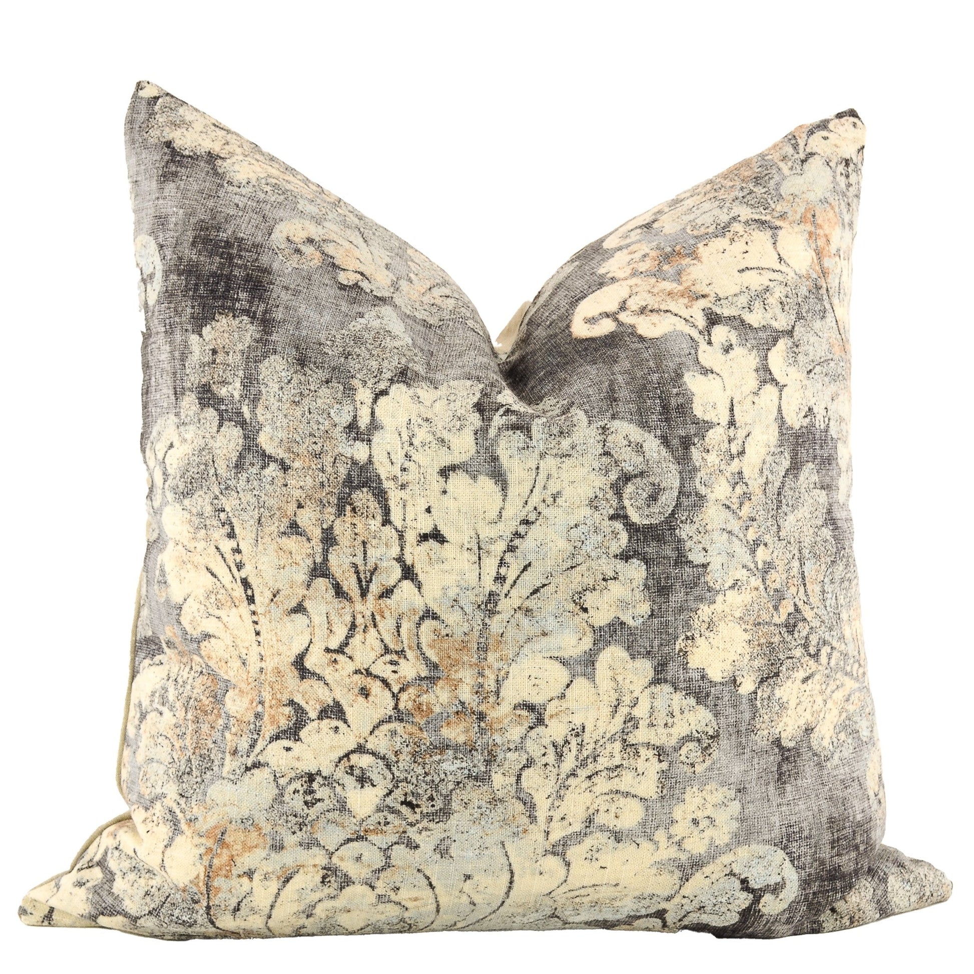 Front of pillow made from a medium-weight, linen-blend designer upholstery fabric with a stunning color combination of soft lemony light yellow flowing into smoky grays 